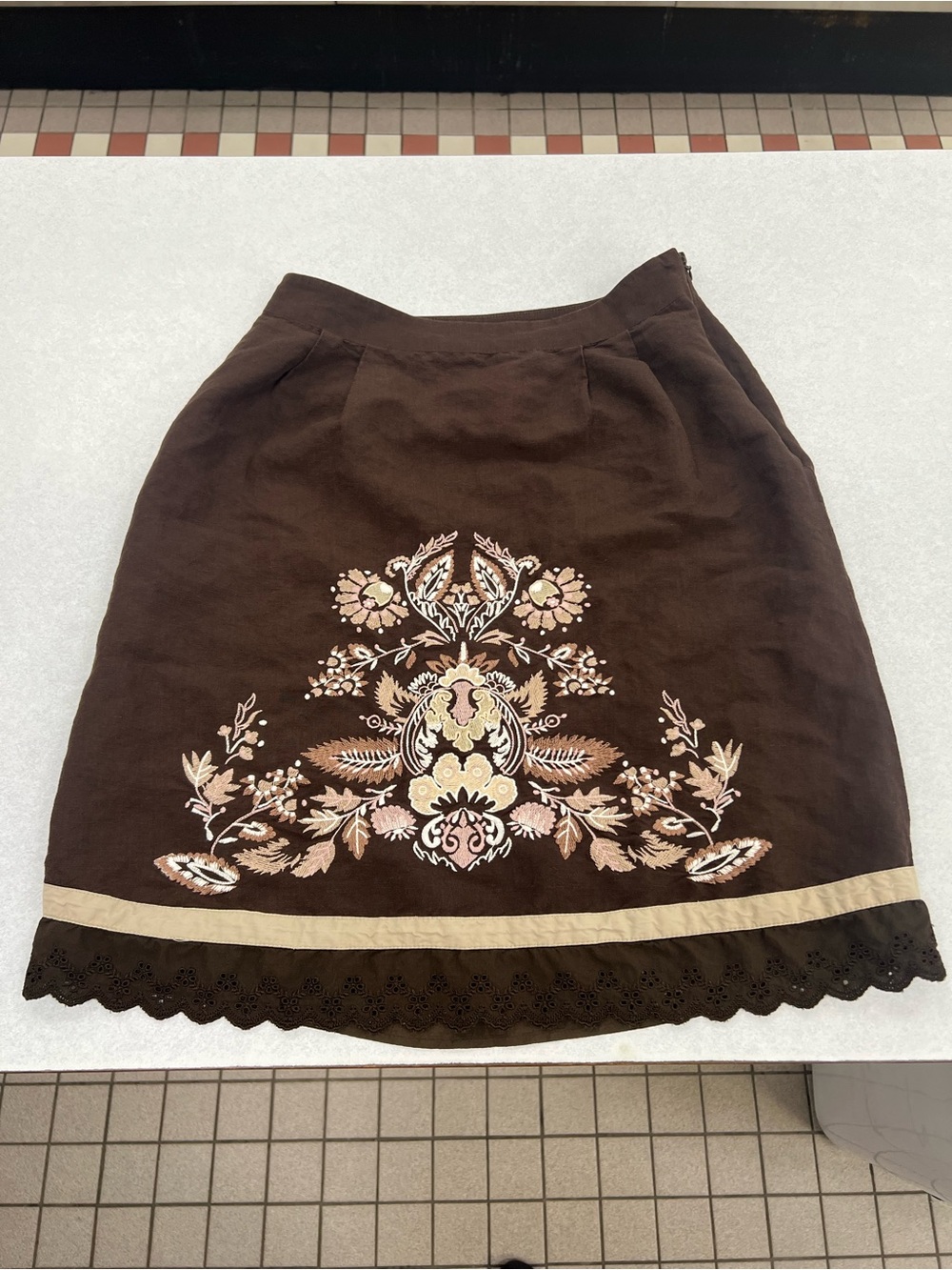 Ann Taylor Brown Midi Skirt with Cream & Pink Floral Embroidery